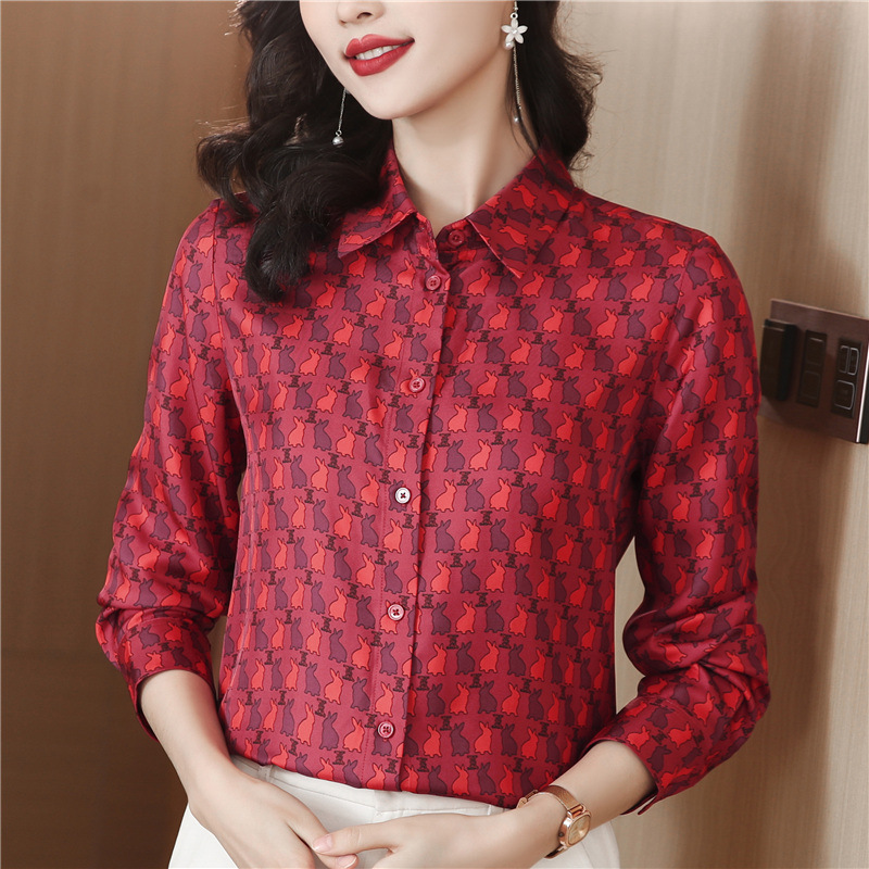 Fashion Rabbit Print Red Silk Shirt Women Long sleeved Lapel Neck Designer Blouses Casual Office Slim Ladies Button Down Runway Tops Clothing Spring S