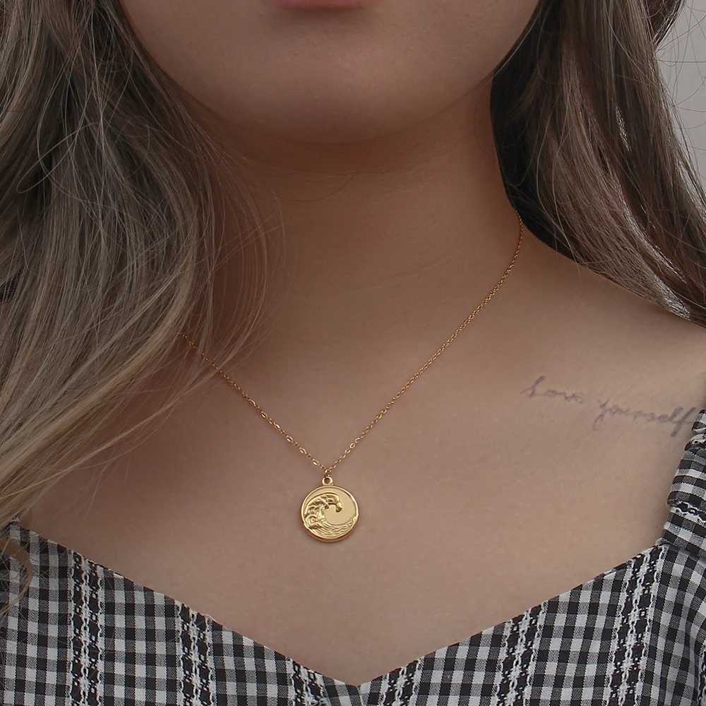 Creative Design Tarnish Free Stainl Steel 18k Gold Plated Golden Sea Wave Necklace Stereoscopic Coin Necklaces For WomenX241123