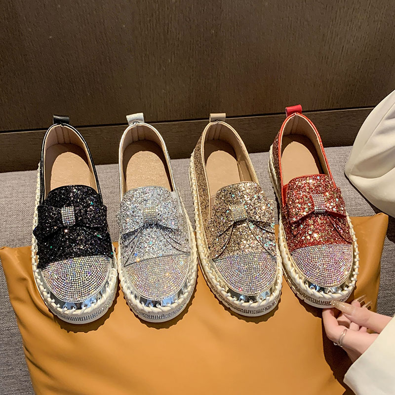 Luxury Designer Shoes Ladies Flat Sequined Sneakers Casual Women's Mesh bow Fine Diamond Sequins Platform Vulcanized Shoes High quality flat shoes Large size 35-44