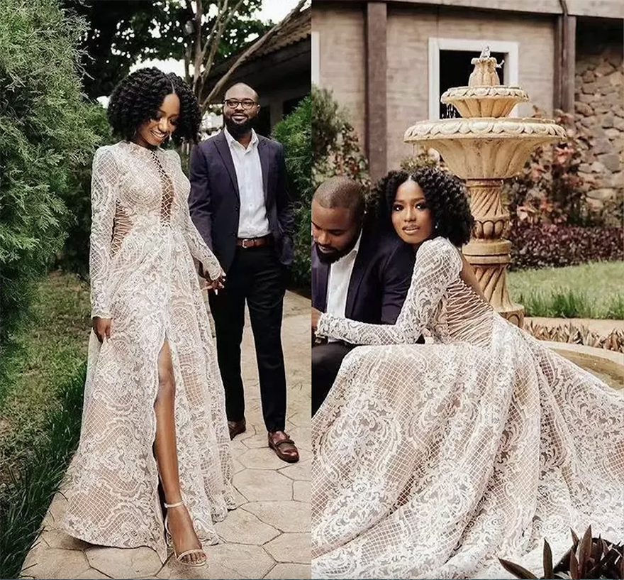 Wedding Dresses Designer Bridal Gown Plus Size Tulle Satin Lace Long Sleeves Jewel Necke Custom Made Beach Sexy Backless Side Slit Vestido De Novia