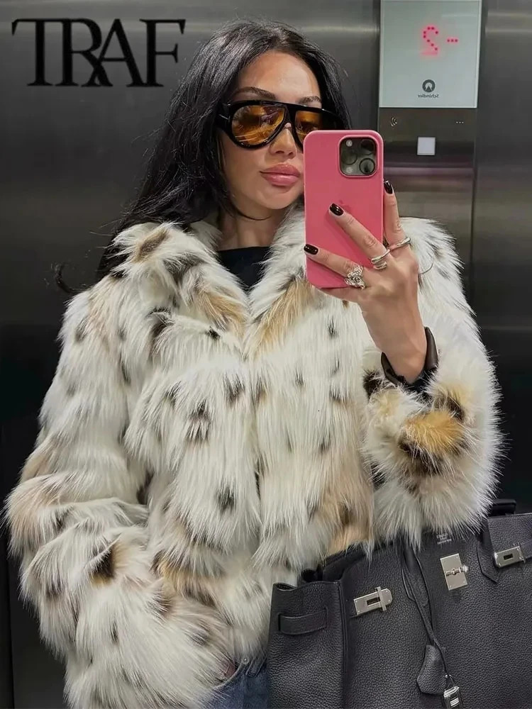 TRAF Print Faux Fur Coat Women Long Sleeve Winter Coats Woman 2024 in Outerwears for Fluffy Jacket 241120