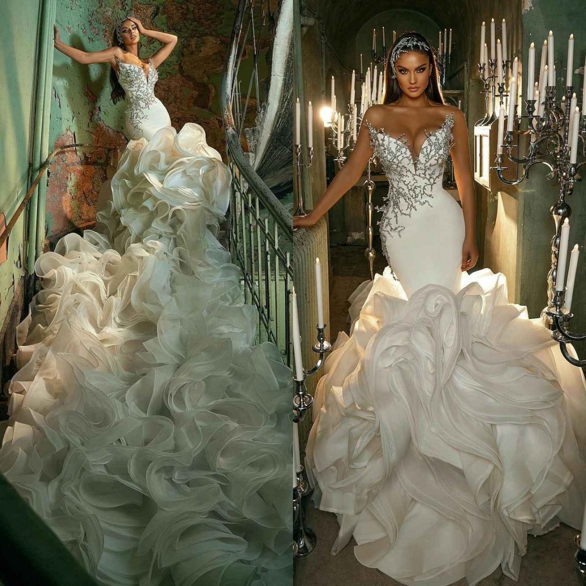 Fashion Wedding Dresses Strapless Mermaid Bridal Gowns Rhinestone Custom Made Sleeveless Tiered Train Bride Dress Vestidos De Novia