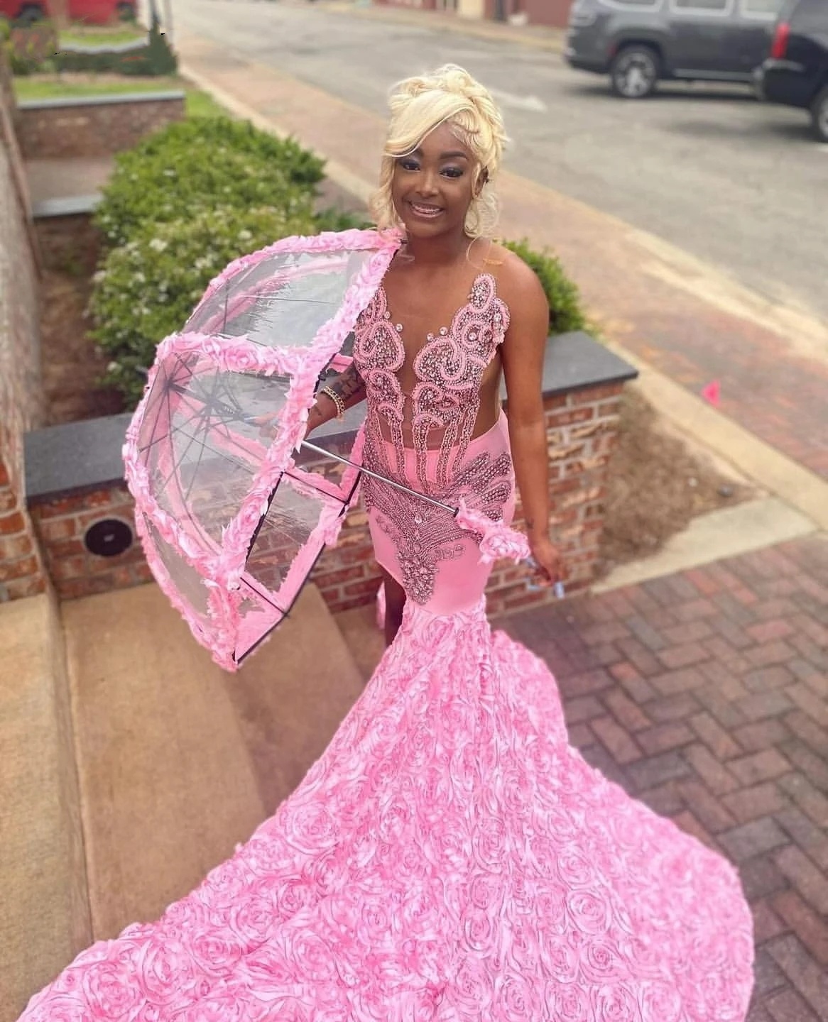 2024 Pink Flowers Mermaid Prom Dress For Black Girls Crystals Rhinestone Beaded Formal Party Gown Vestidos De Gala 0431