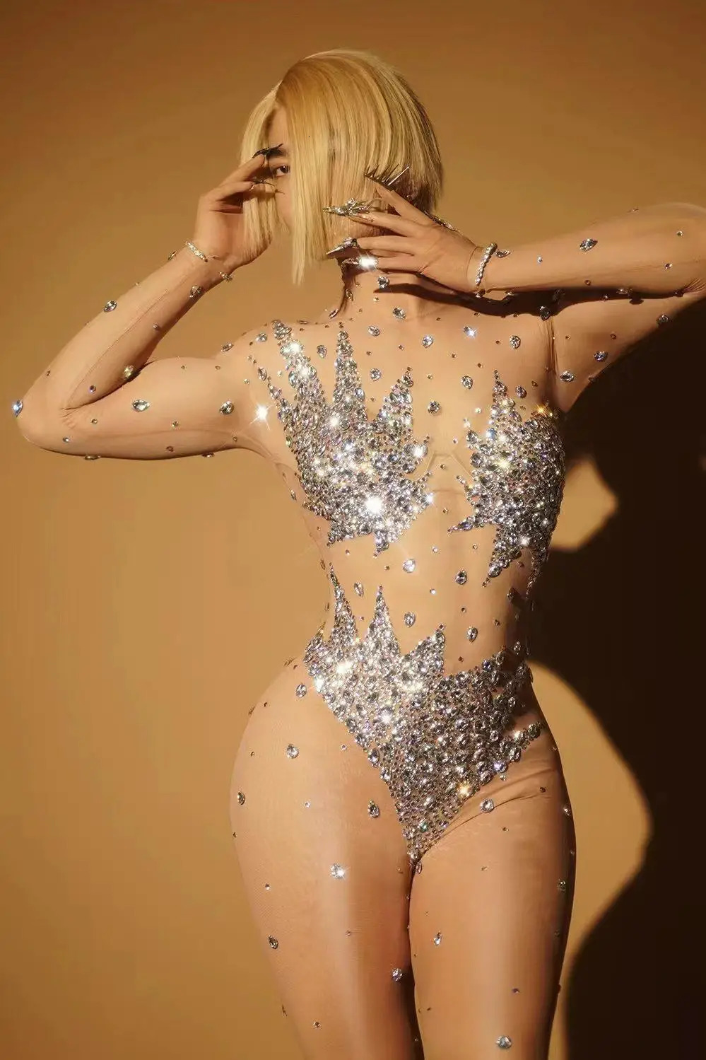Silver Crystals Sexy Mesh Jumpsuit for Women Singer Dance Performance Transparent Bodysuit Birthday Celebrate Costume Zhayao 241121