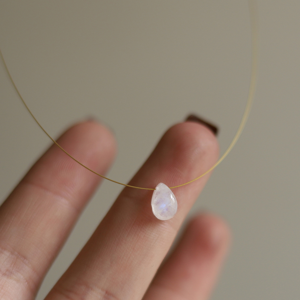 Jewellery 18K Plated Stainless Steel Fine Gold Thread Blue Water Drop Pendant Natural Moonstone Necklace for Special Occasions Gift Textured Elegant A