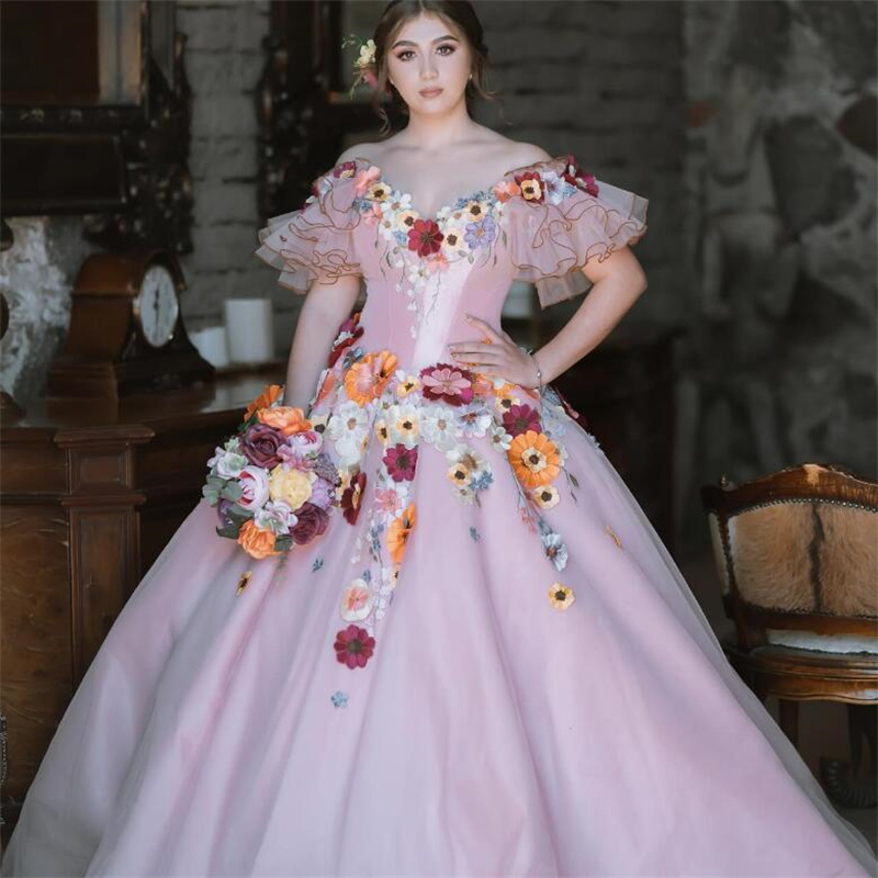 Fairytale Pink Florals Quinceanera Dresses Princess Off Shoulders 3D Flowers Birthday Party Gowns Gorgeous Debutante Robe Mariee Vestido De 15 Xv Anos
