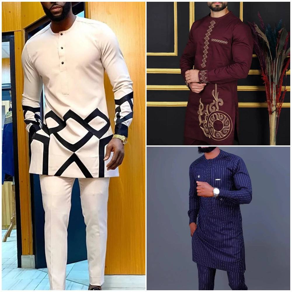 African Traditional Men Suit Printed Shirt Top Elastic Waist Pants White Wedding 2 Piece Set Outfits Ethnic Style Costumes 240409