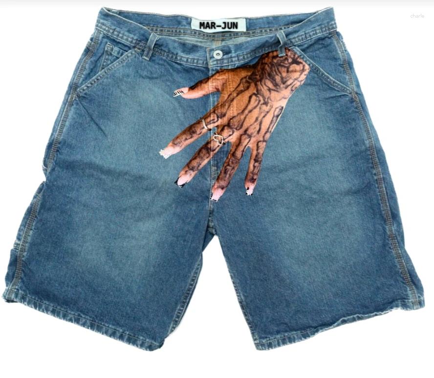 Men's Shorts Streetwear Shorts Y2K Pants Harajuku Hip Hop Finger Print Retro Blue Baggy Denim Gym Short Men Basketball Shorts Over Knee Pants