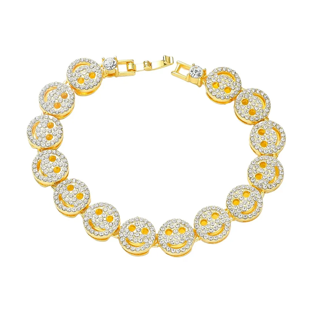 Men's Hip-Hop Style Smiling Face Charm Bracelet with Full Diamond Crystals - 18k Gold & Silver Plated