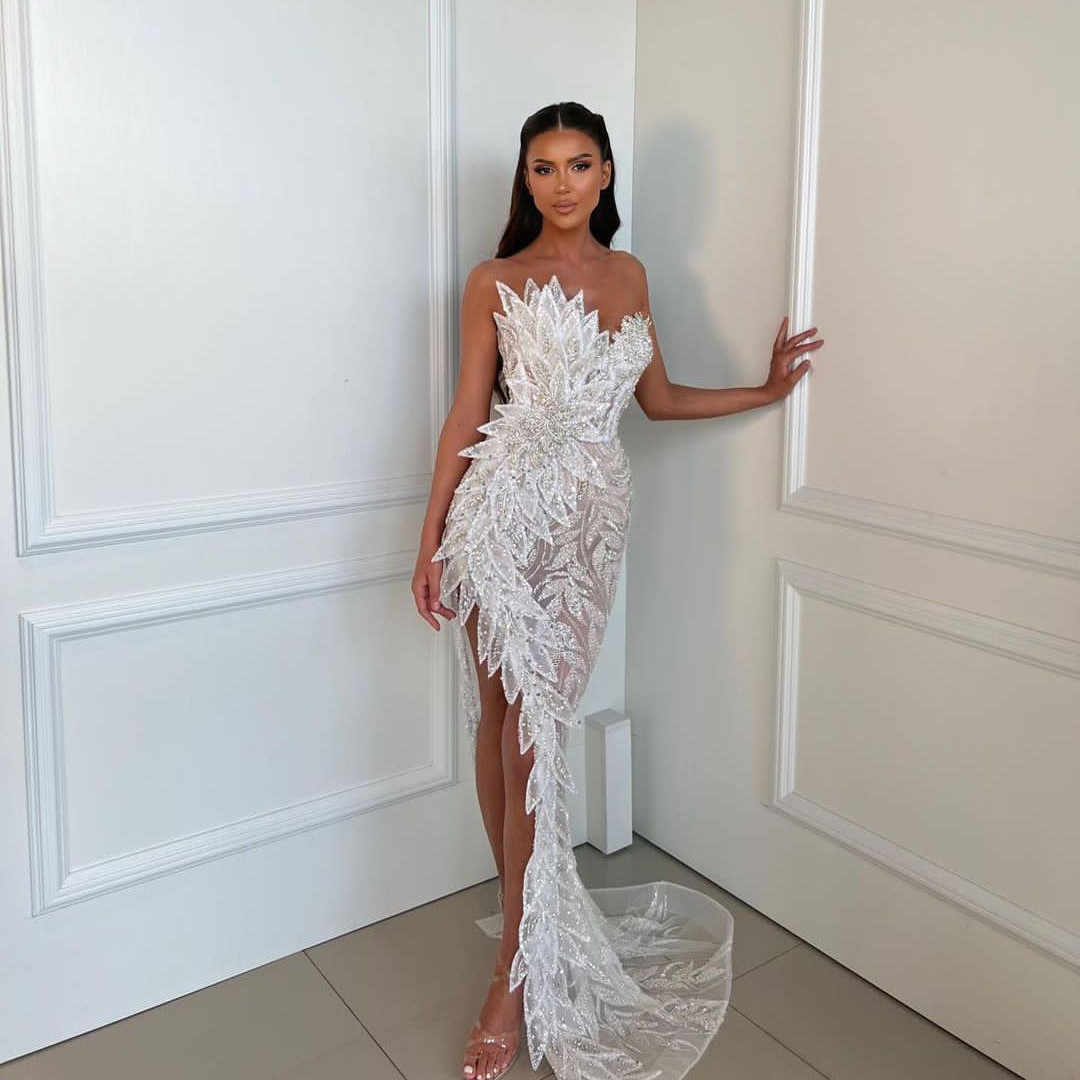 Gorgeous Wedding Dresses Crystal Mermaid Bridal Gowns Strapless Sequins Custom Made Sleeveless See Through High Split Bride Dress Vestidos De Novia