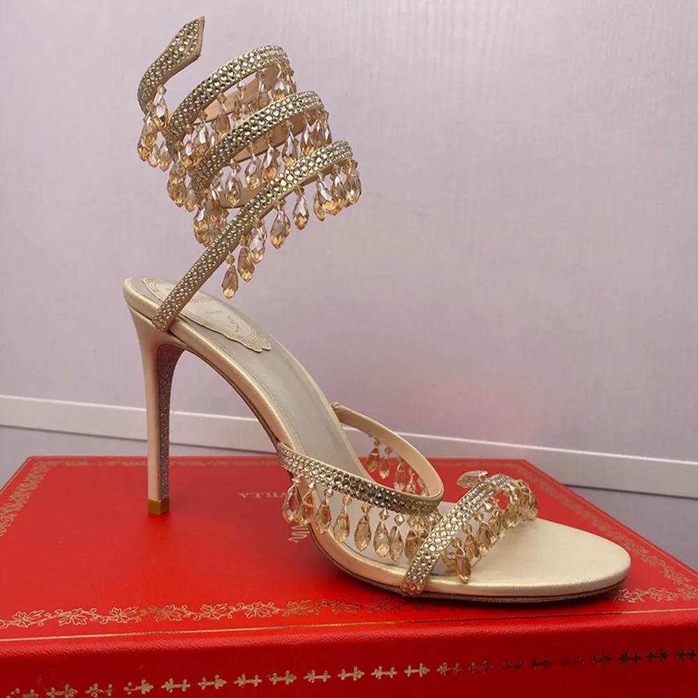 Rene Caovilla Crystal Embellished Rhinestone Heels Designer Sandals Snake Stiletto Heels Womens High Heeled Luxury Designer Ankle Wraparound Evening Shoes #02