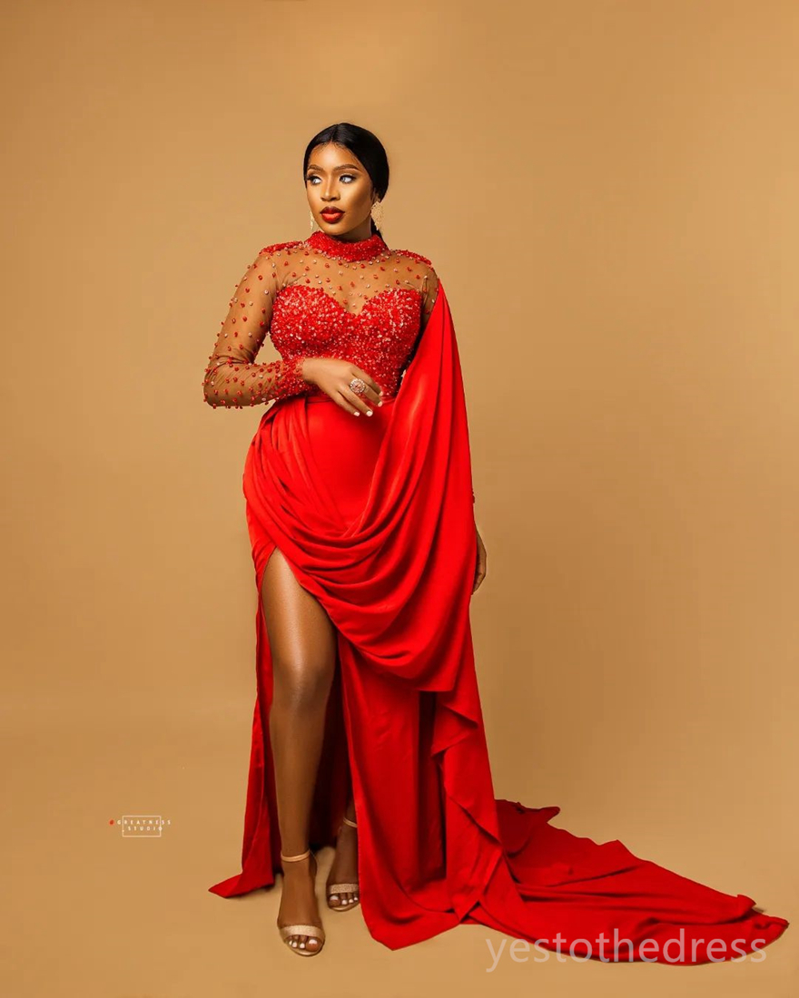 R&W 2024 Plus Size Aso Ebi Prom Dresses for Black Women Promdress High Neck Illusion Long Sleeves Side Split Beaded Birthday Party Dress Second Recept