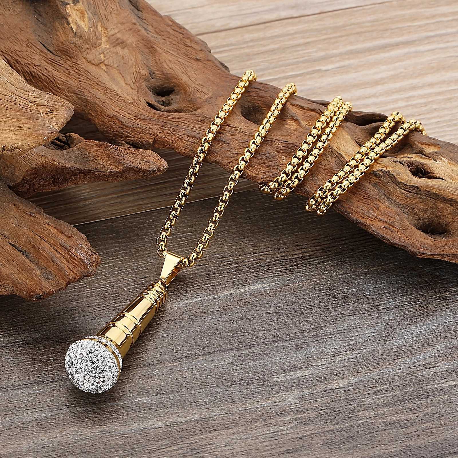 HAOYI Microphone Pendant Necklace Men 18K Gold Color Fashion Hip Hop Rhinestone Hhigh-end Stainl Steel Jewelry Onlyfans GiftX241123