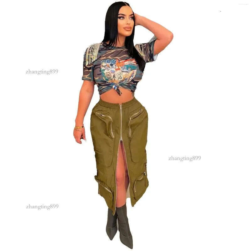 Skirts Plus Size Elastic Waist Khaki Army Green Cargo Skirt 2023 Summer Women Y2K Front 3D Pockets Center Zipper Midi Streetwear