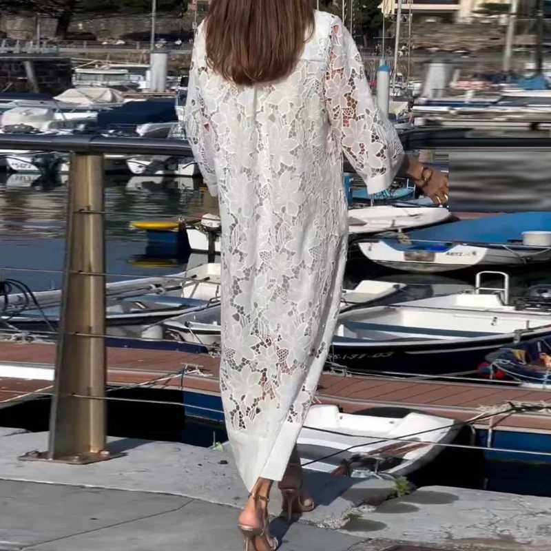White Embroidered Jacquard Lace Crochet Dress Wenchun Sexy V-neck Hollow Party Dress New Autumn Flame Sve Bohemian Long Dress M241123