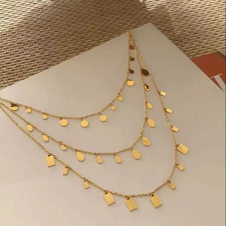 Fresh and shiny water droplet square disc pendant 18k gold chain necklace suitable for girls stainless steel jewelry X241123