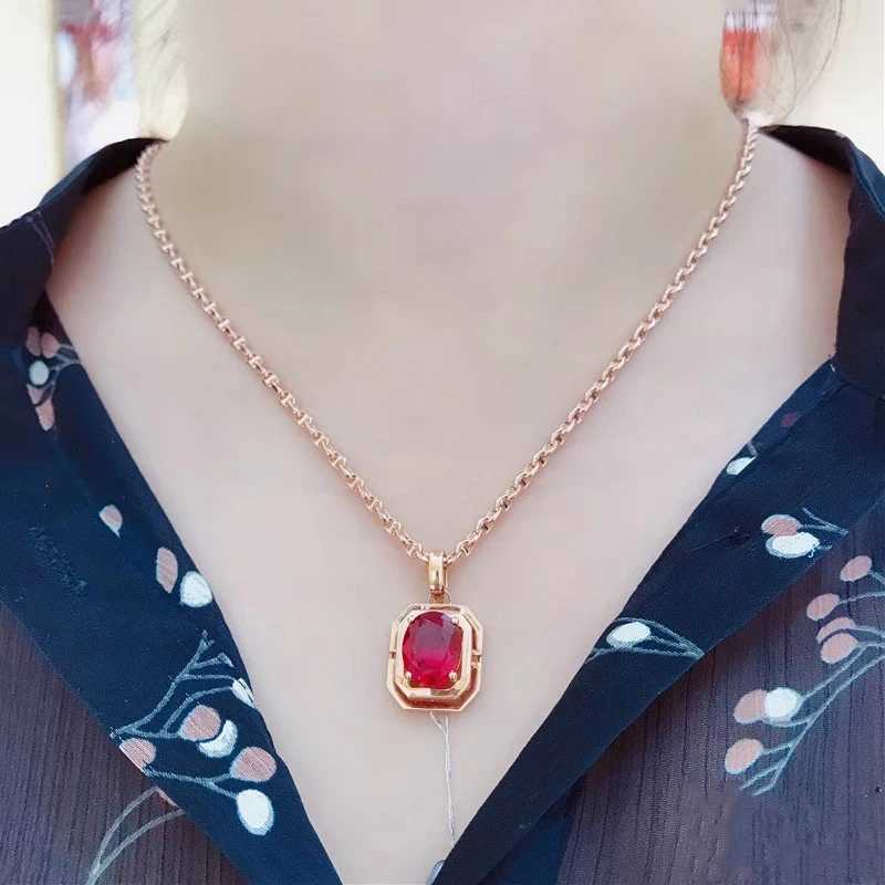 585 Purple Gold Pendant Plated with 14K Rose Gold Set with Square Ruby Necklace Elegant and Graceful Necklace Wedding Jewelry X241123