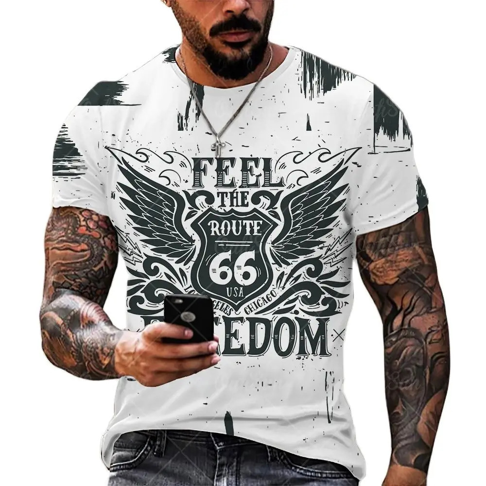 Summer Mens T Shirts Oversized Loose Clothes Vintage Short Sleeve Fashion America Route 66 Letters Printed O Collared shirts 240419