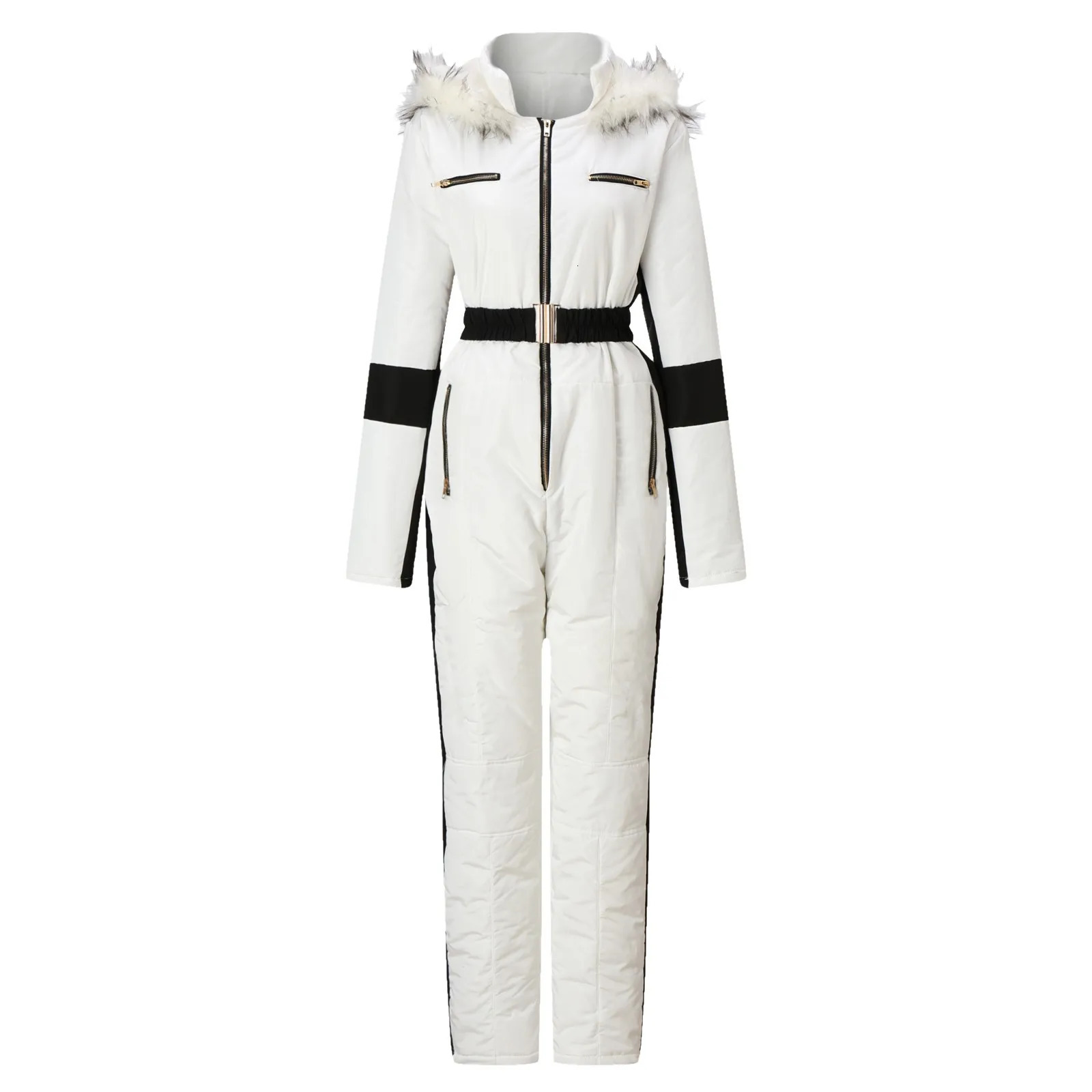 Fashion Winter Womens Hooded Jumpsuits Parka Cotton Padded Warm Sashes Ski Suit Straight Zipper One Piece Casual Tracksuits 241121