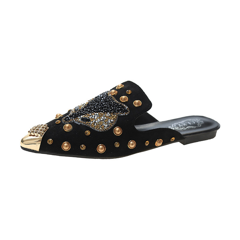 Pointed Toe Slippers for Women Rivets Studded Summer Gladiator Sandals Flat Beach Shoes Ladies Outside Slides Punk Style Mules 240702
