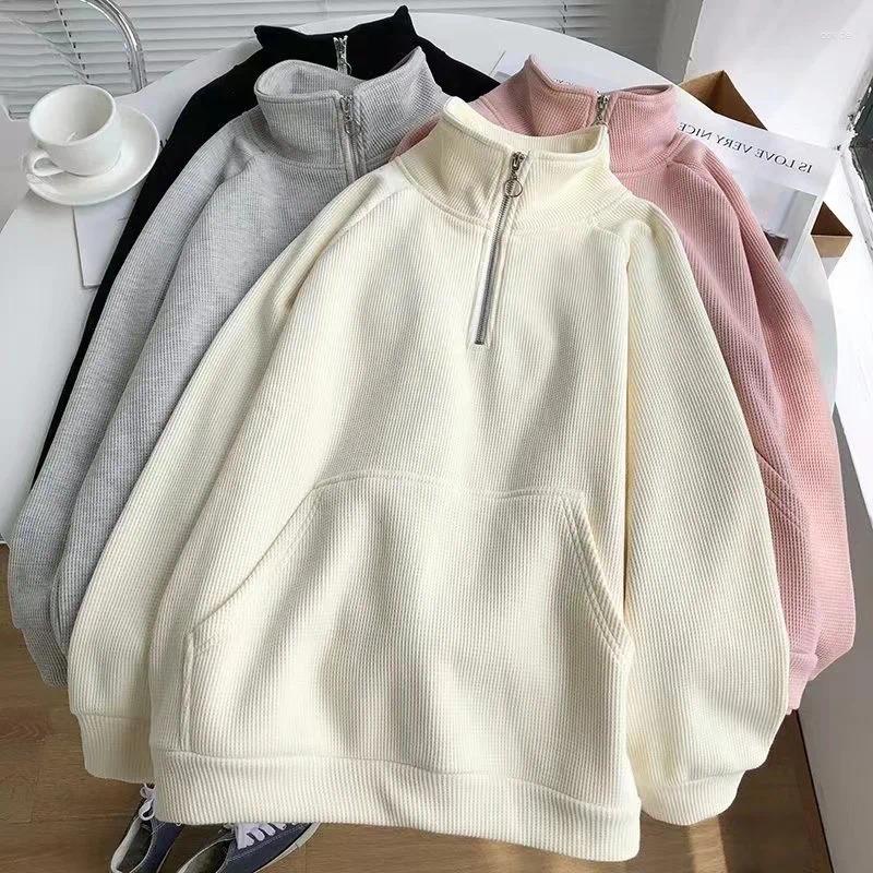 Women's Hoodies Fleece Stand Collar Women Pullover Pure Color Ladies Half Zipper Loose Winter Pocket Fashion Long Sleeves Sweatshirts