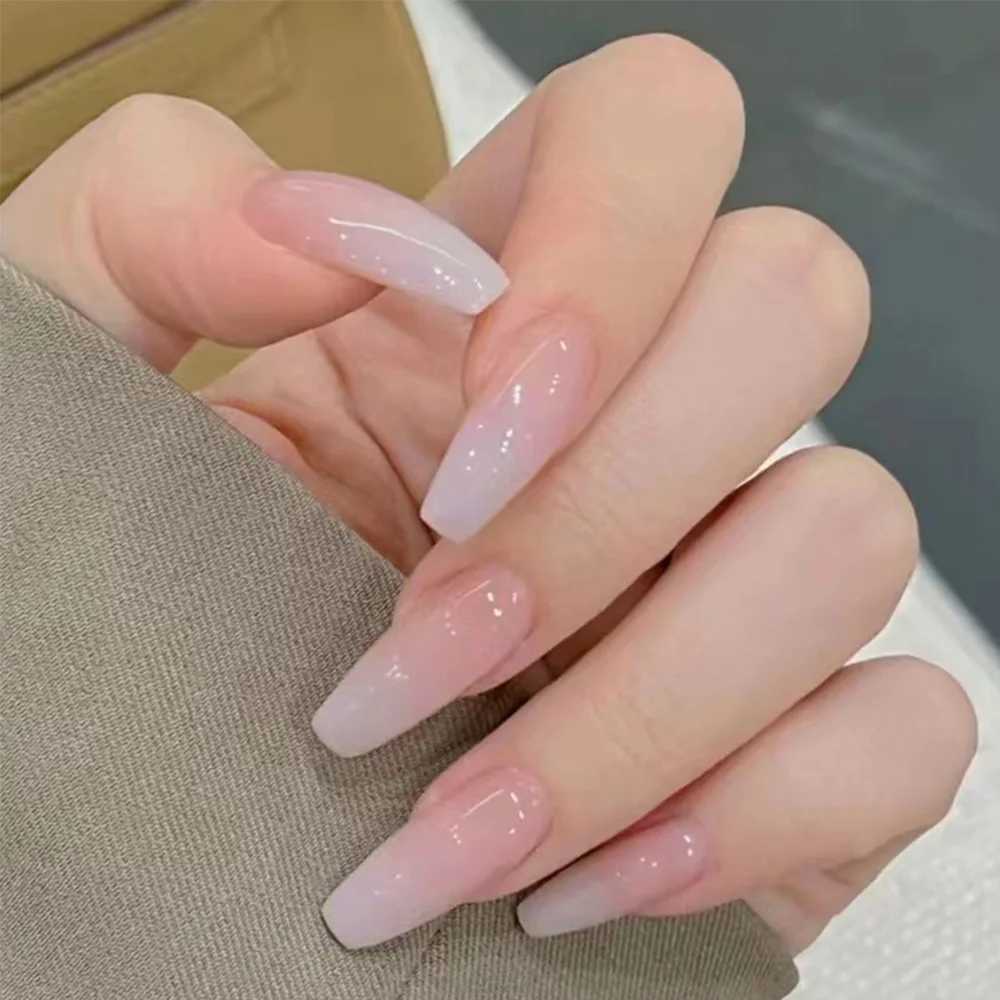 24 Pcs Medium-Long Coffin Press On Nails Pink Gradient Fake Nails Glossy French Style Reusable False Nails For girlsW250120