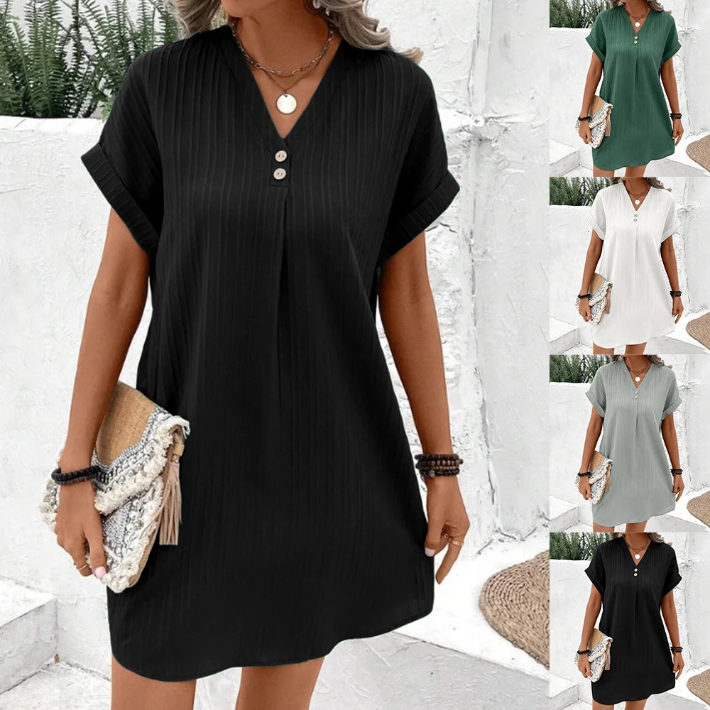 Womens Loose TShirt Dress Ladies V Neck Short Sleeve Beach Baggy Solid Sundress Plus Size Clothing 2024 240418