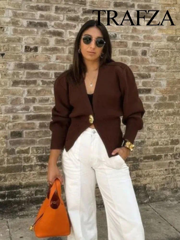 Women's Knits TRAFZA Women Autumn Single Button Deep V-Neck Knitted Cardigan Woman Elegant Long Sleeves Slim Casual Sweater High Street Coat