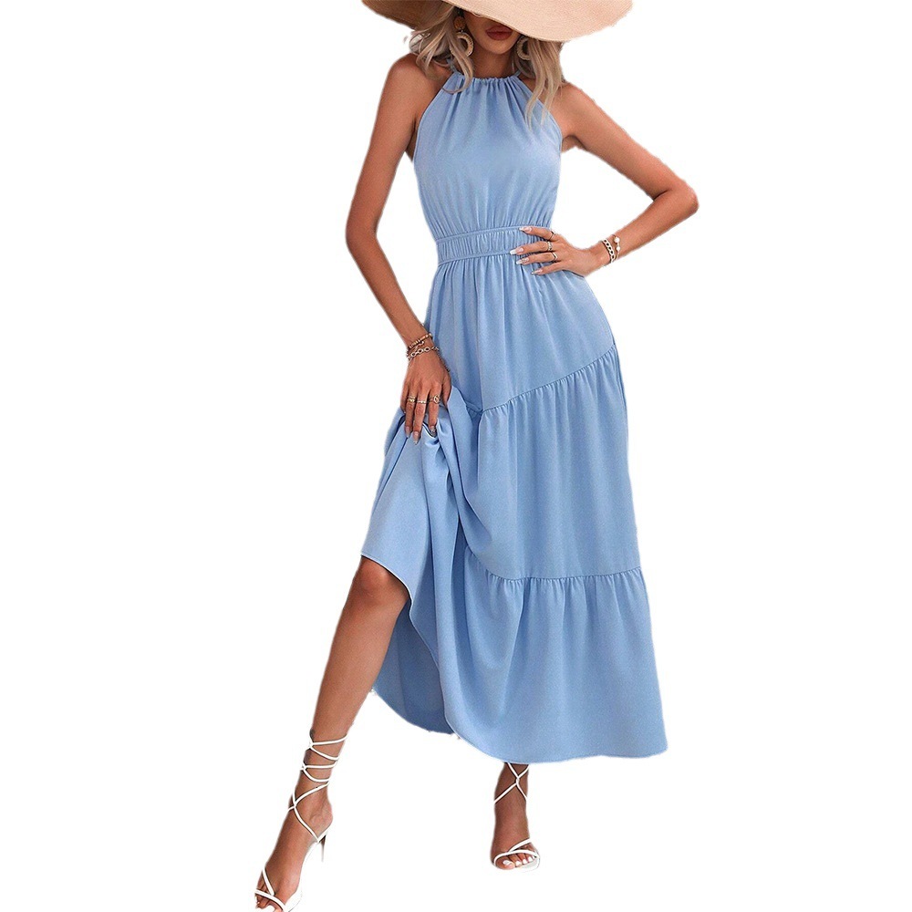 Women's New Waist Cinching Cake Skirt Hanging Neck Sleeveless Vacation Casual Camisole Dress