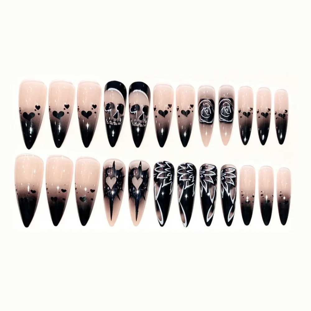 24 pieces of rose rhinestone Halloween skull fake nails fully covered detachable press fit wearable long-lasting fake nailsW241125