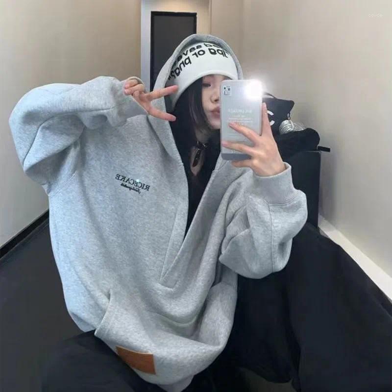 Women's Oversized Hoodie With Letter Embroidery - Casual Grunge Sweatshirt For Winter, Kpop Style