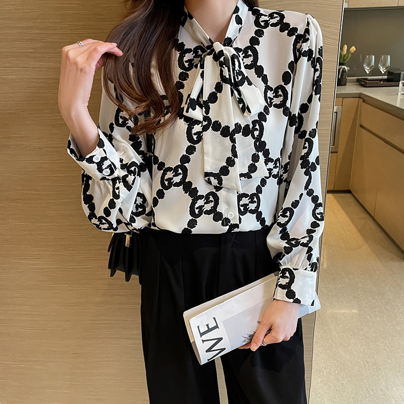 Womens Blouses Lace-up Bow Letter Print Women Shirt Lantern Long Sleeve Chiffon Blouse V-Neck French Button Versatile Base Layer Loose
