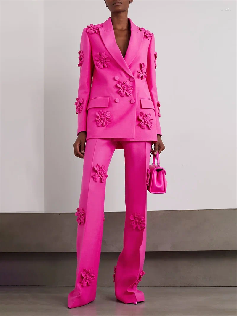 Work Dresses Barbiecore Pink Women Suits Set Blazer 2 Pcs Jacket Pants Cotton 3D Flower Applique Prom Dress Formal Double Breasted Coat AAA