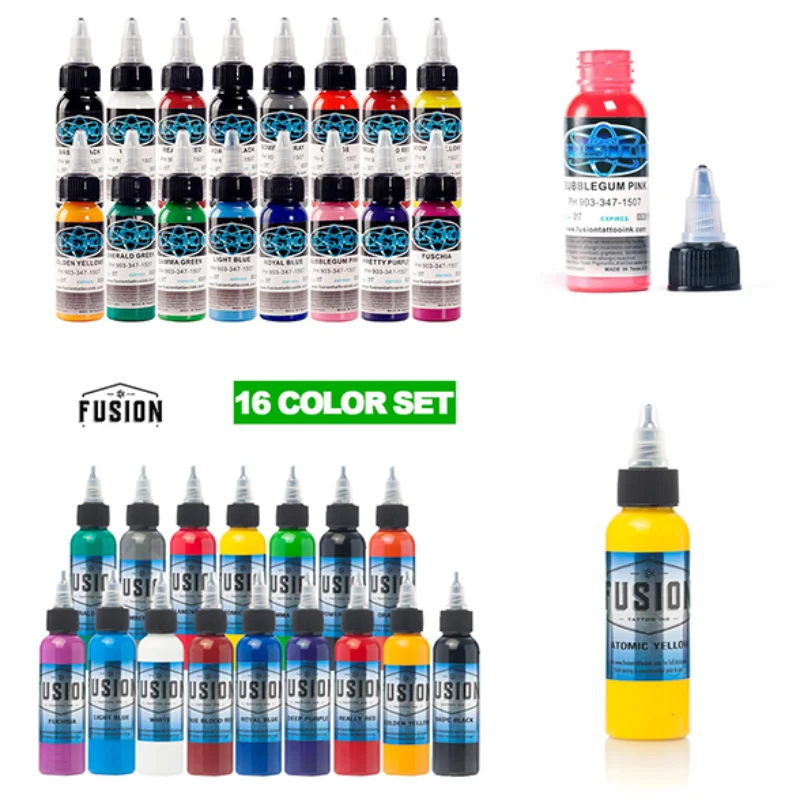 16Pcs Tattoo Ink Fusion tattoo inks 16 Colors Set 1 oz 30ml/Bottle Tattoo Pigment Kit for 3D makeup beauty skin body art.