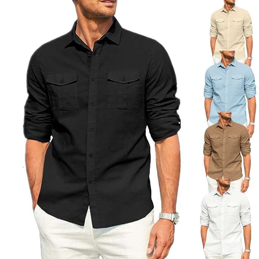 European American Men's Shirt With Double Pockets, Cotton And En Long Sleeves For Leisure Vacation B1