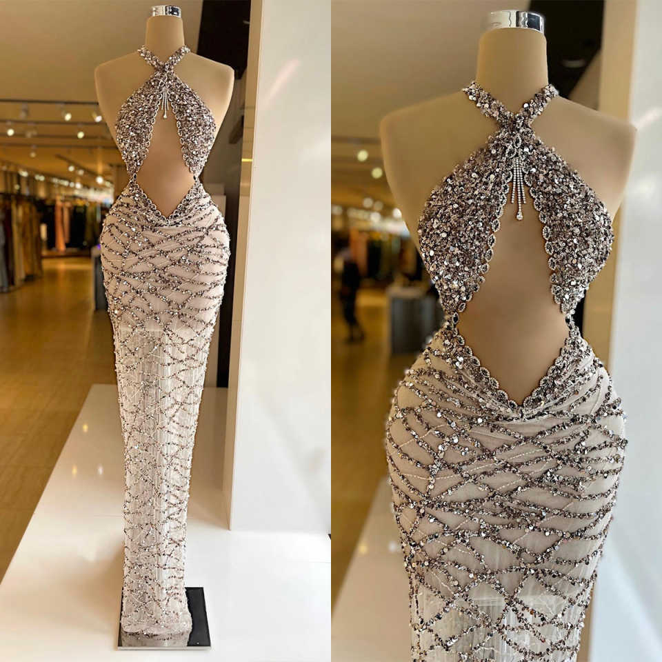 Fashion Halter Prom Dresses Women Mermaid Sleeveless Sequined Crystal Evening Gowns Glitter Floor Length Customized Party Dress