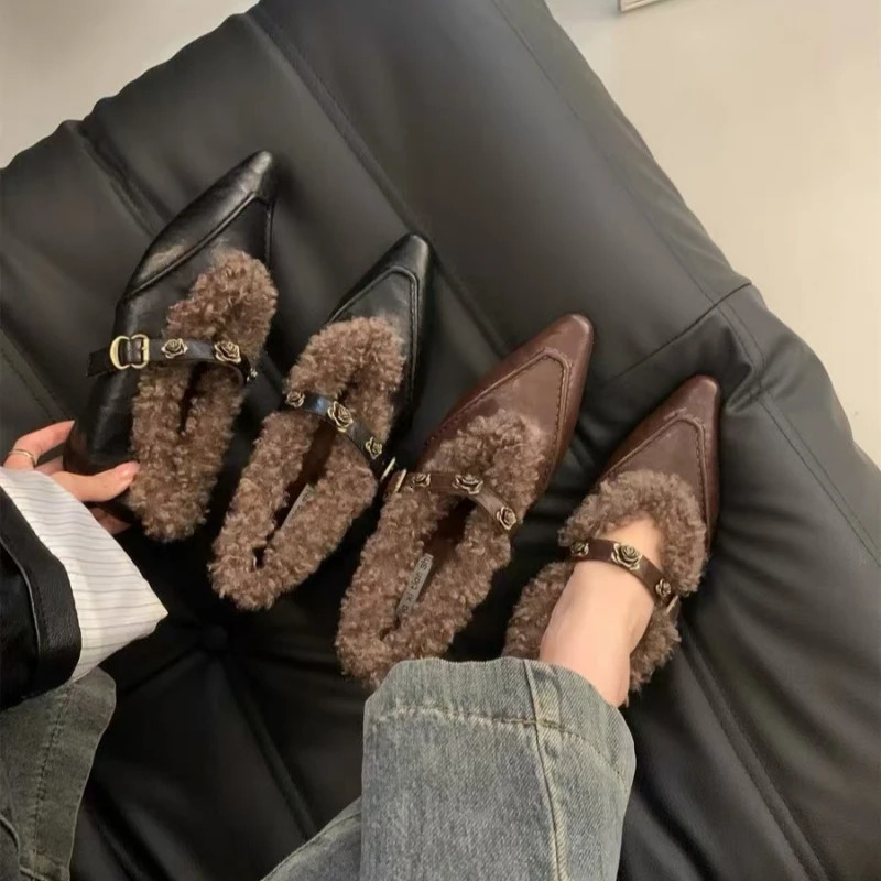 Mary Jane Cotton Shoes Pointed-toe Fur Womens Pump Increased Height Shallow Mouth Rose Buckle Womens Shoes 241125