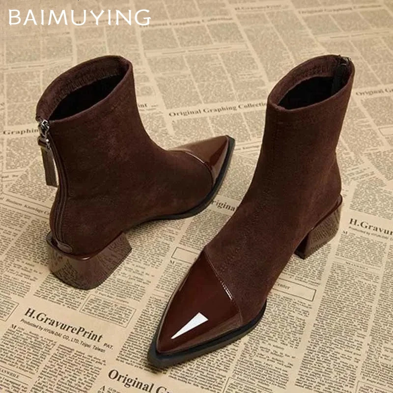Ankle Boots Women Chunky Mid Heels Suede Shoes Woman Pointed Toe 2024 Trend Winter Goth Walking Snow Chelsea Botas De Mujer 241125