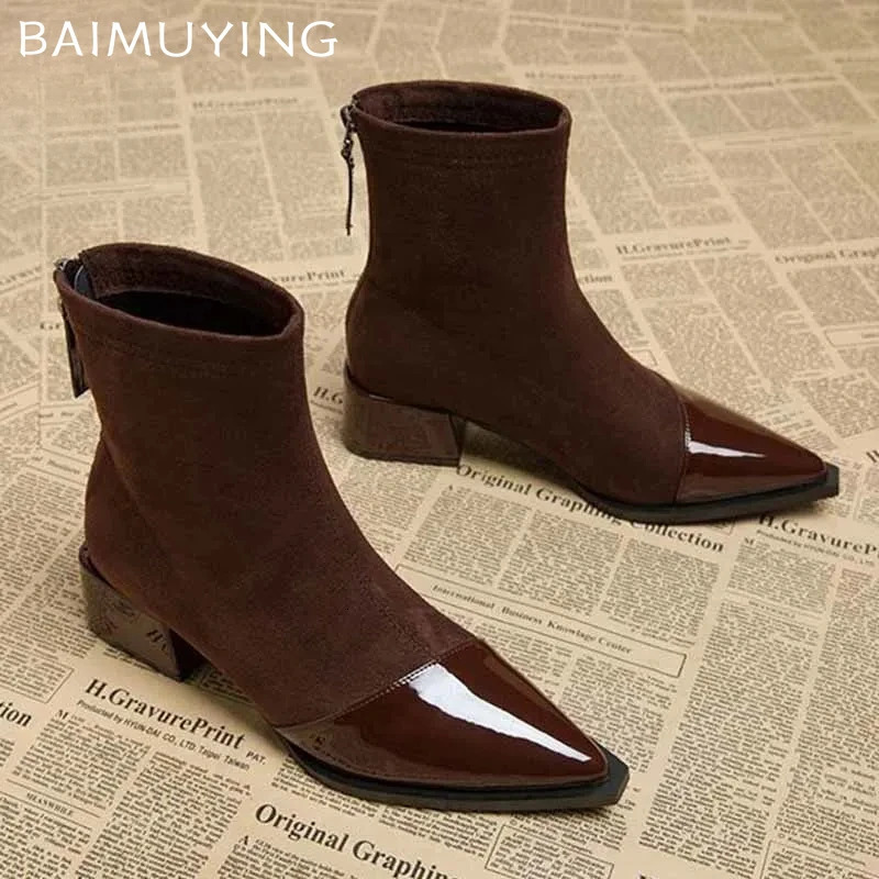 Ankle Boots Women Chunky Mid Heels Suede Shoes Woman Pointed Toe 2024 Trend Winter Goth Walking Snow Chelsea Botas De Mujer 241125
