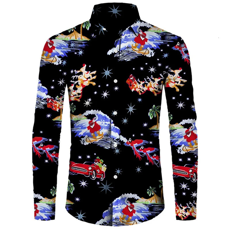 Mens Christmas long sleeved shirt with lapel buttons autumn style Christmas 3D printed mens casual party holiday top 241125