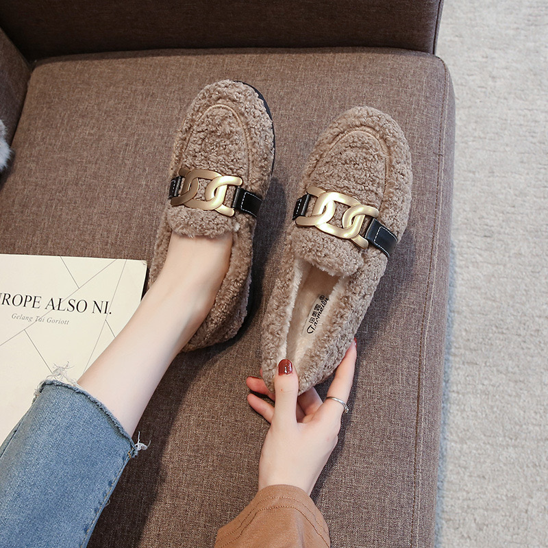 2023 Flats Brand Chain c72fa Women Wool Fur Winter Cotton Loafers Big Size 34-43 Warm Plush Mocasines Mink Hair Boat Shoes Femme