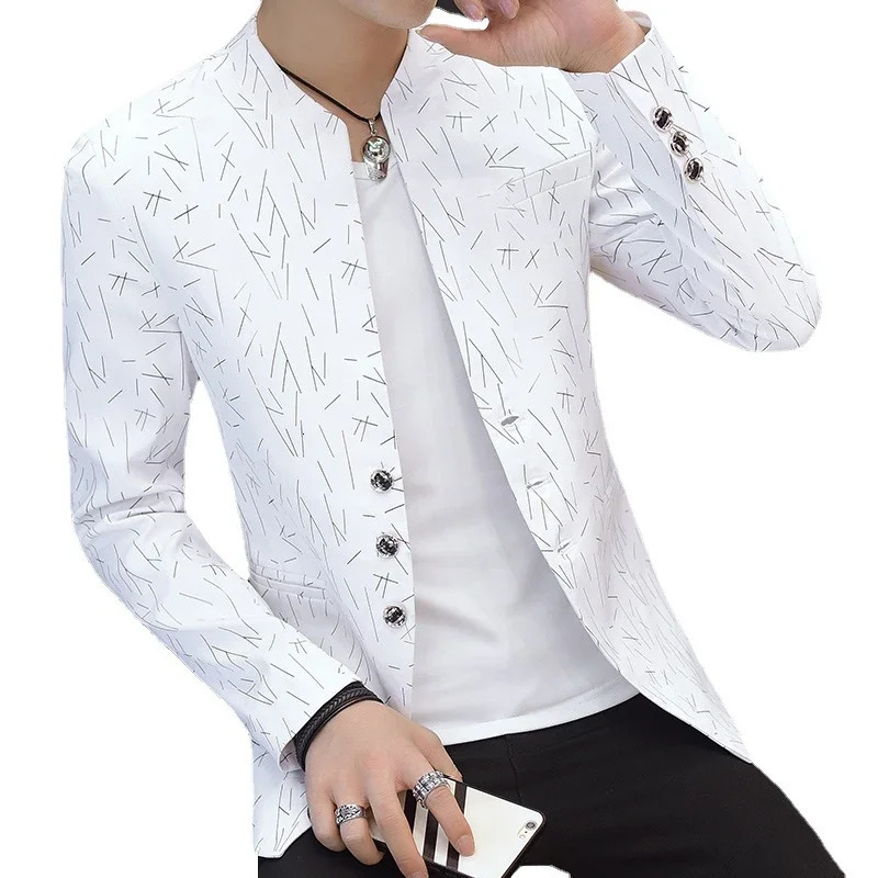 Mens Printed Small Suit Male Korean Version of The Self-cultivation Stand-up Collar Chinese Tunic Casual Suit Thin Jacket Youth 240422