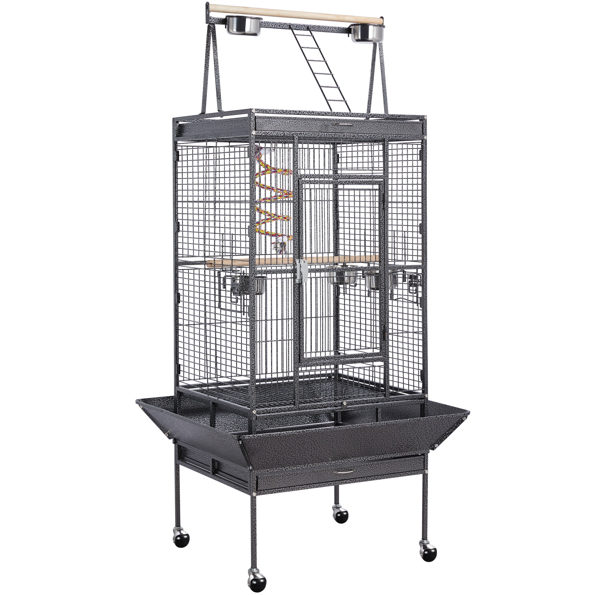 Topeakmart Black Rolling Bird Cage with Play Top Feeding Bowls and Bungee Rope for Small Birds, 68.5" H