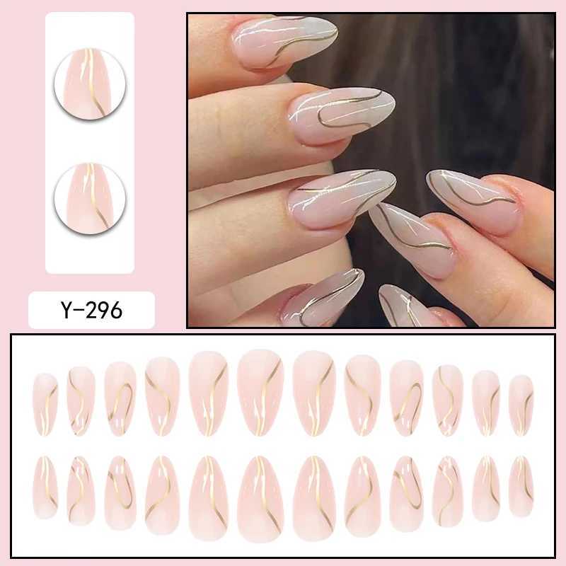 24 pieces of almond shaped irregular gold thread pattern fake nails 1 piece of nail file and 1 piece of jelly glueW241125