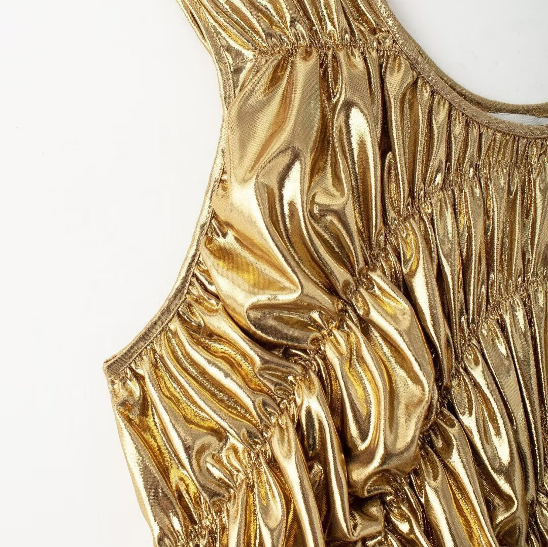 Women's gold pleated long dress with temperament, one-piece long dress