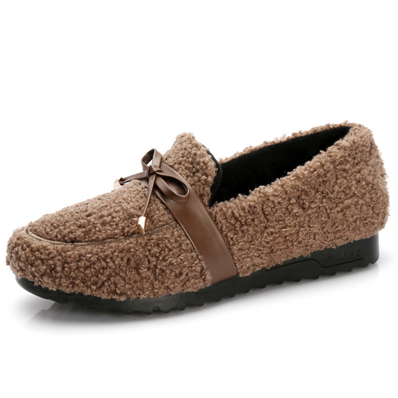 curly sweet bowtie fur 3e367 flat shoes woman warm plush moccasins brand designer New lamb wool flats women cotton loafers big size 43 s