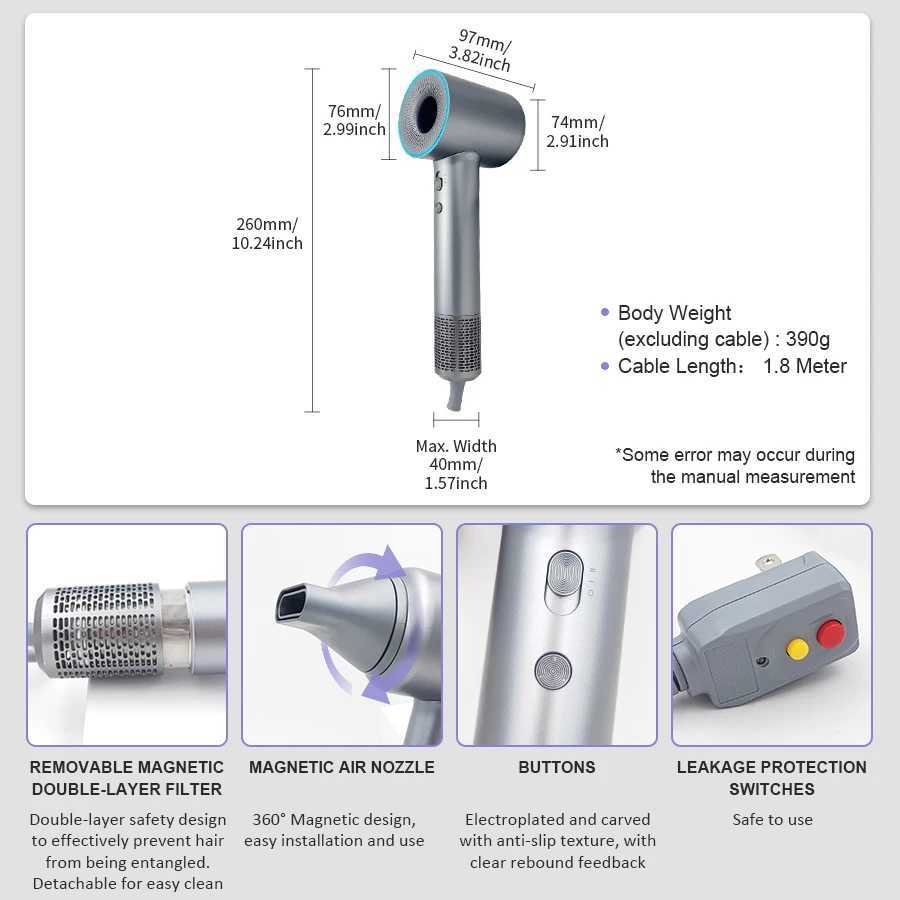High speed hair dryer 110000RPM 400000000 negative ion professional hair dryer home travel nozzle hair dryer W241125