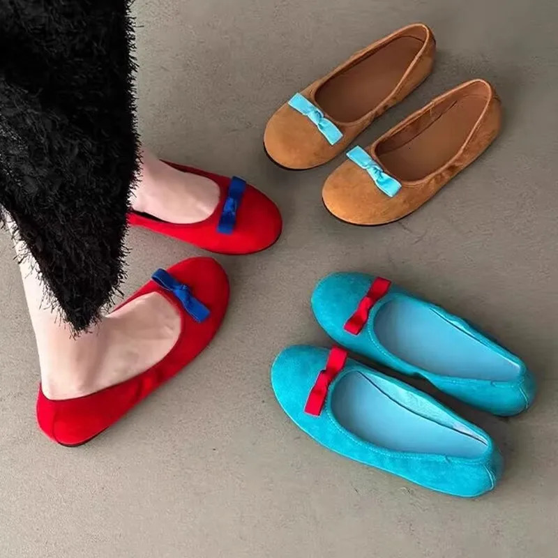 Elegant Bowknot Ballerina Women Flats Round Toe Comfort Slip-On Ladies Loafers Suede Single Mules Shoes for Woman Mary Janes 241125