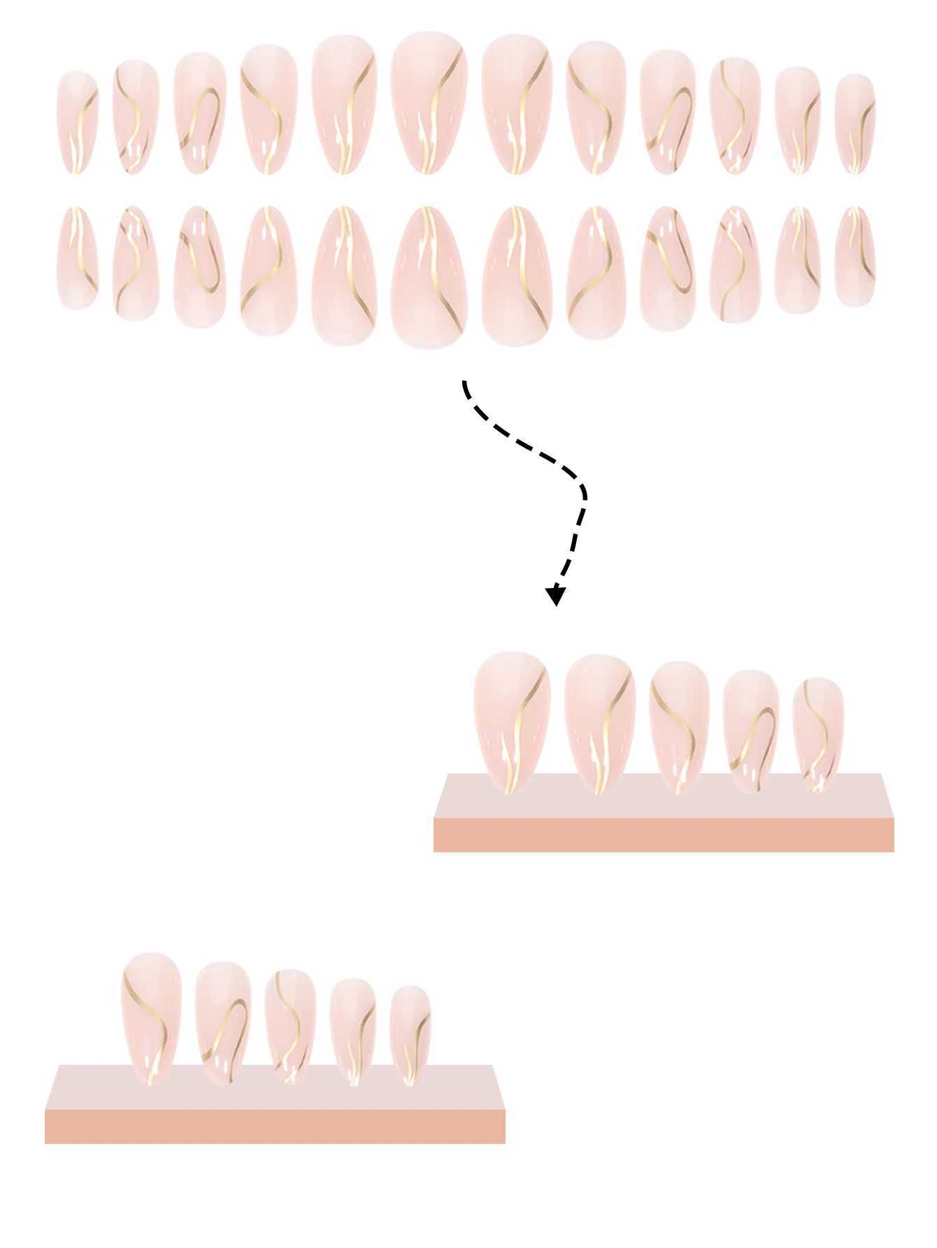 24 pieces of almond shaped irregular gold thread pattern fake nails 1 piece of nail file and 1 piece of jelly glueW241125