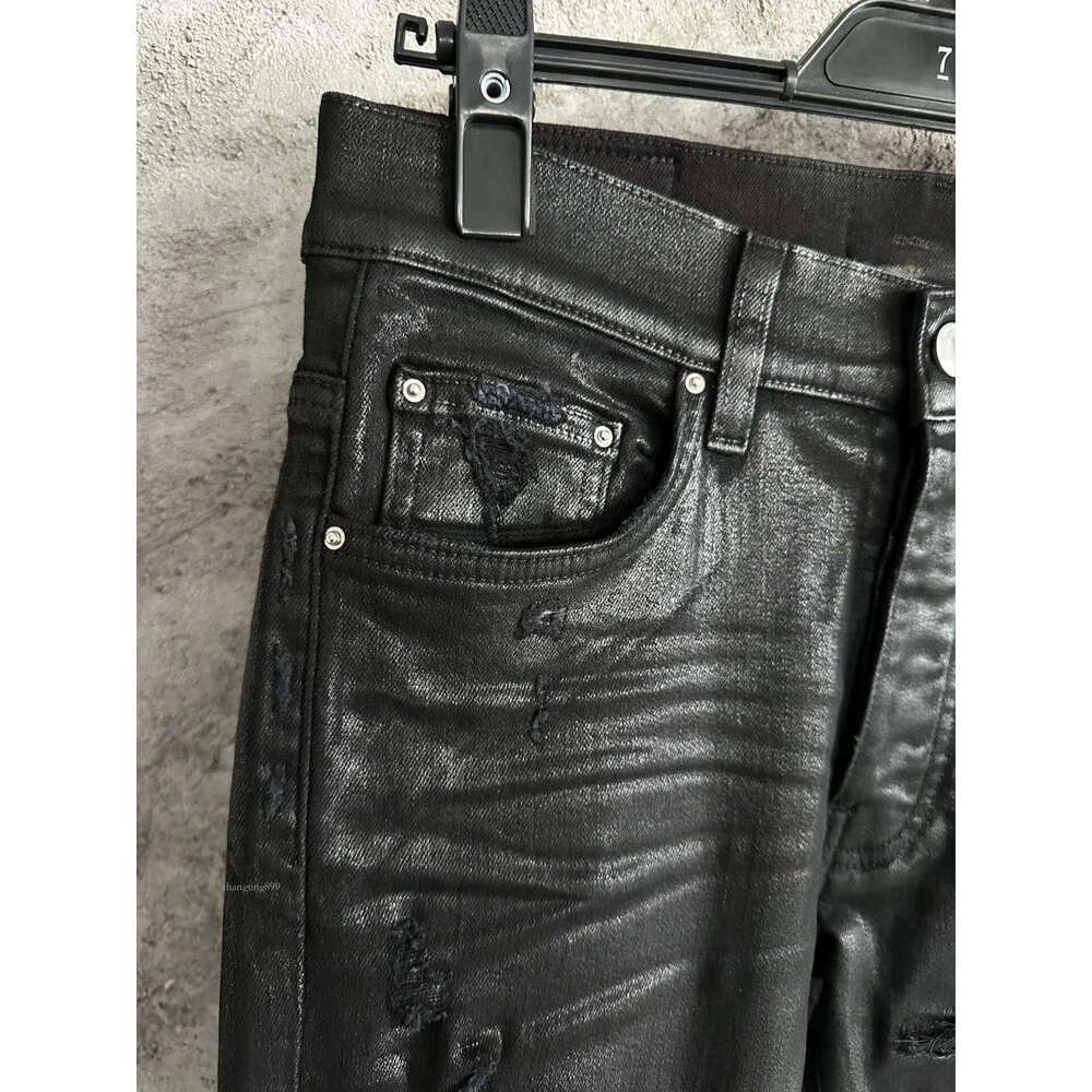 Men's Jeans men leather ribbed patch distressed stretchy skinny wax black jeans 230718